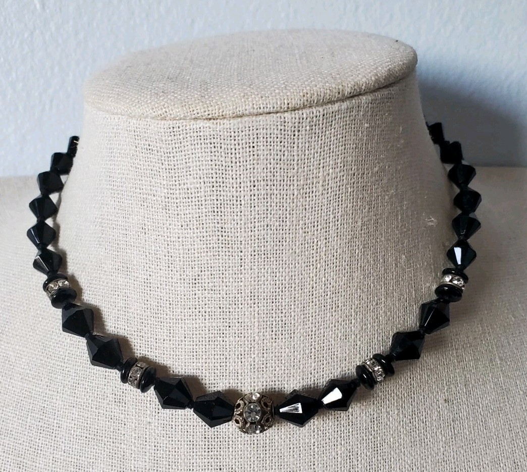 Vintage Austrian Black Bicone Crystal Glass Bead Choker Necklace