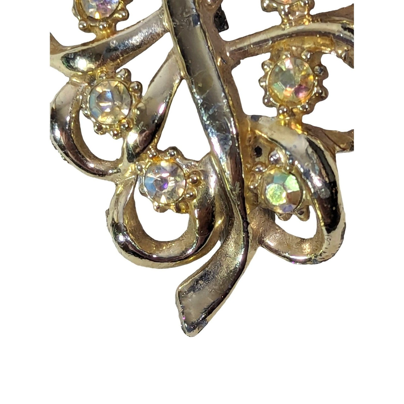 Gold Tone Swirl Leaf Brooch Pin Vintage 1960s Clear Rhinestones 2″ x 1.5″ Gift