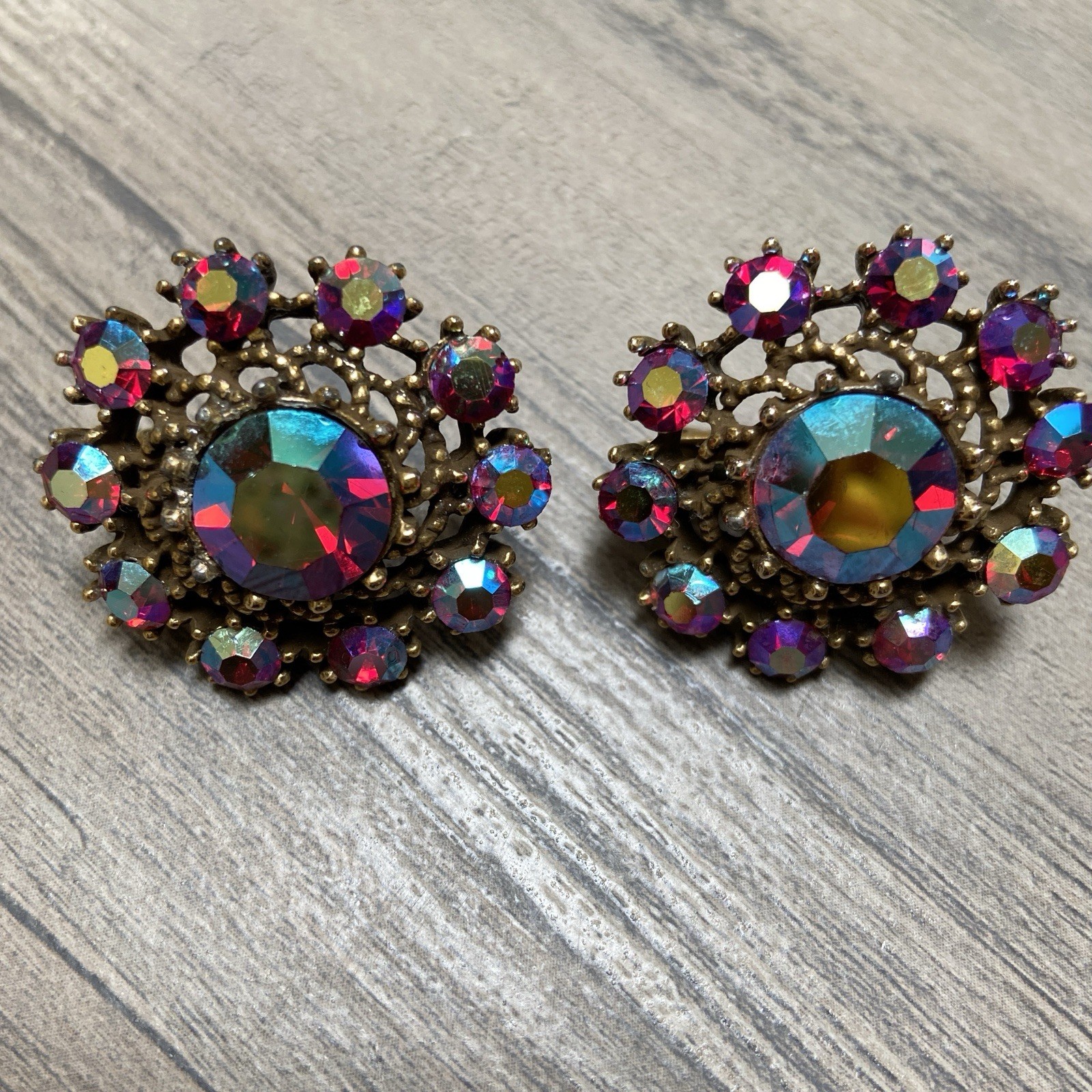 Vintage Coro Earrings Clip On Red AB Iridescent Rhinestones Round Floral Cluster