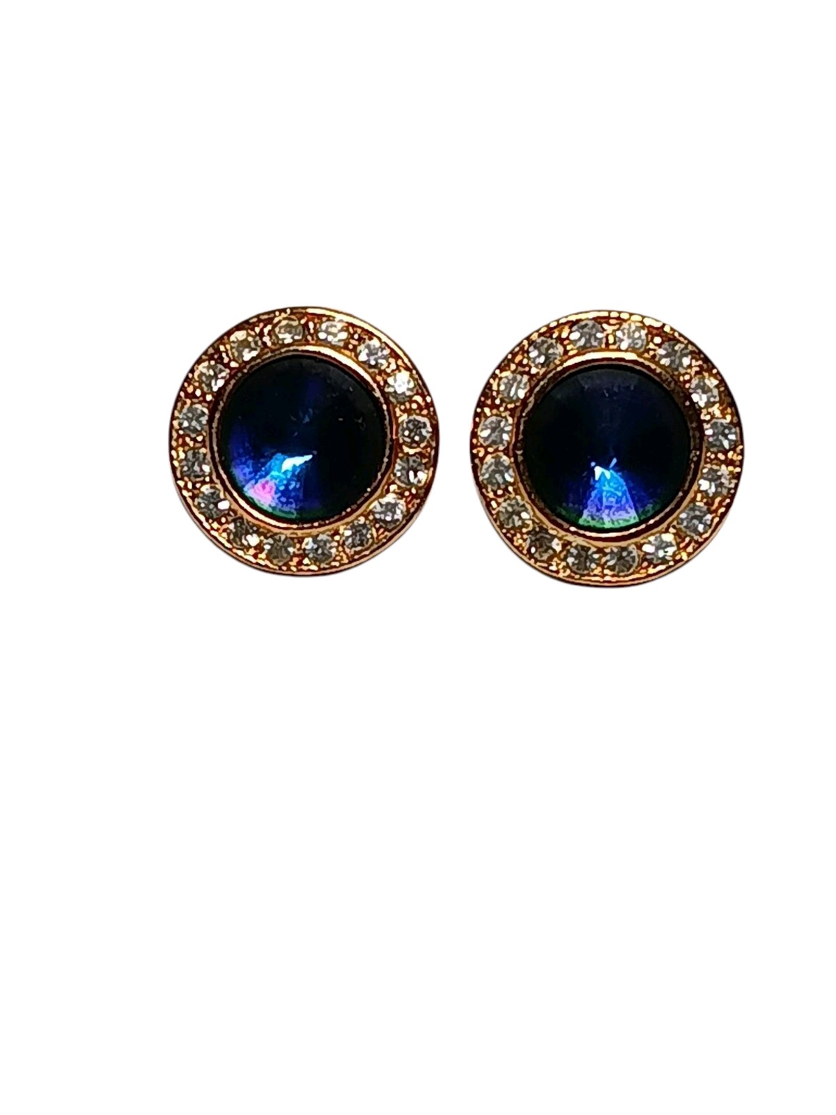 Roman Signed Earrings Violet Blue Rivoli Clear Crystal Gold Tone Round Pierced