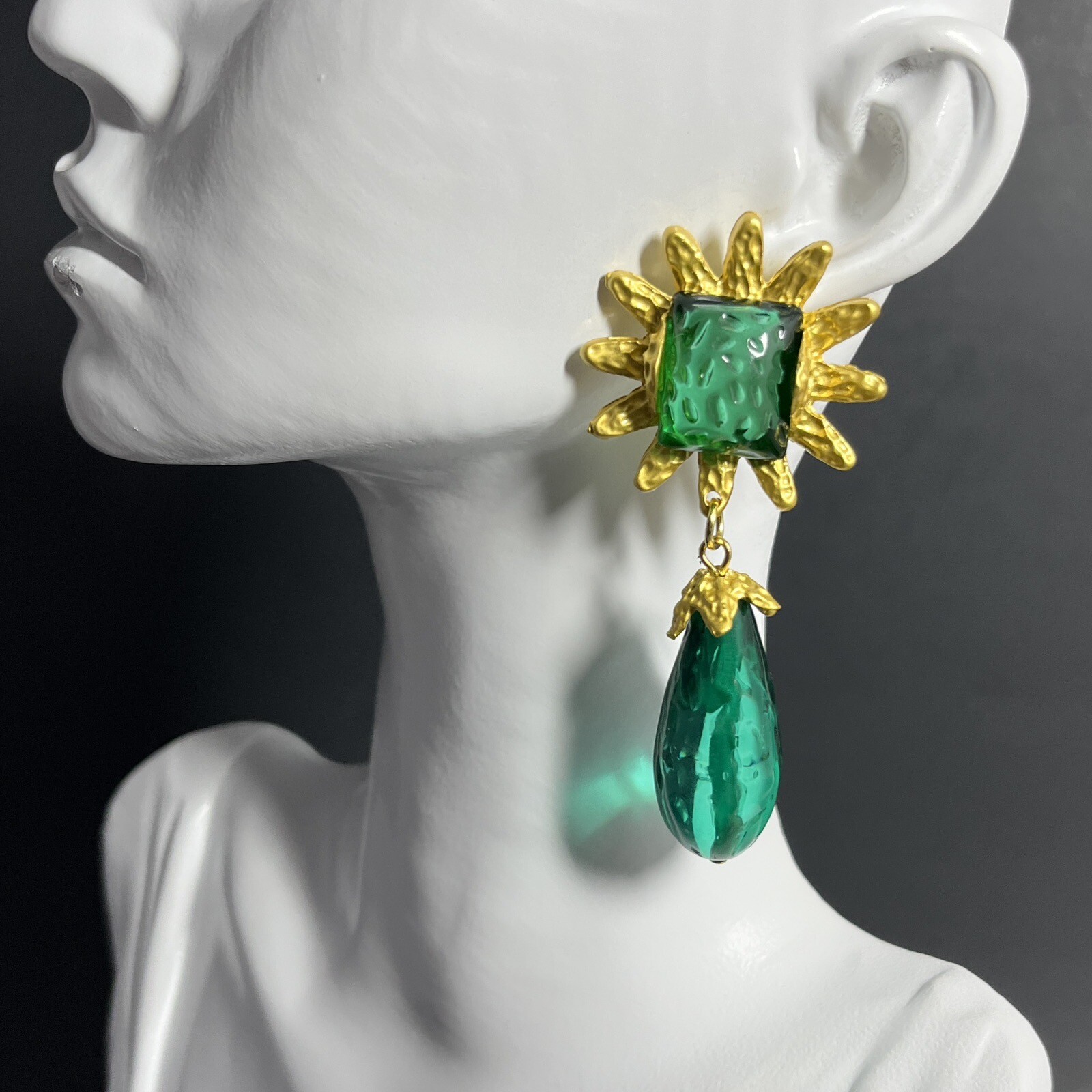 Brutalist Gripoix Style Earrings Pierced Teal Green Matte Gold Sunburst Dangle
