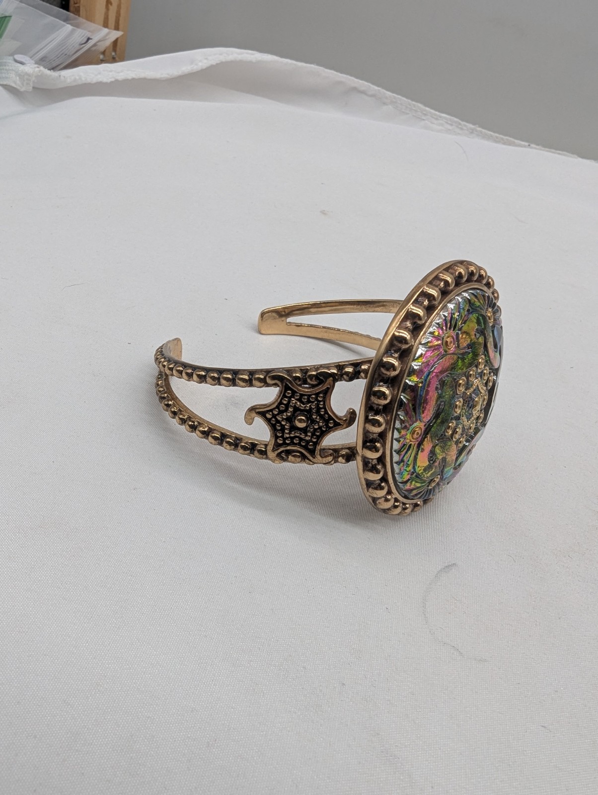 Huge Amy Kahn Russell Bronze Iridescent Art Glass Cuff Bracelet Sz 7.5