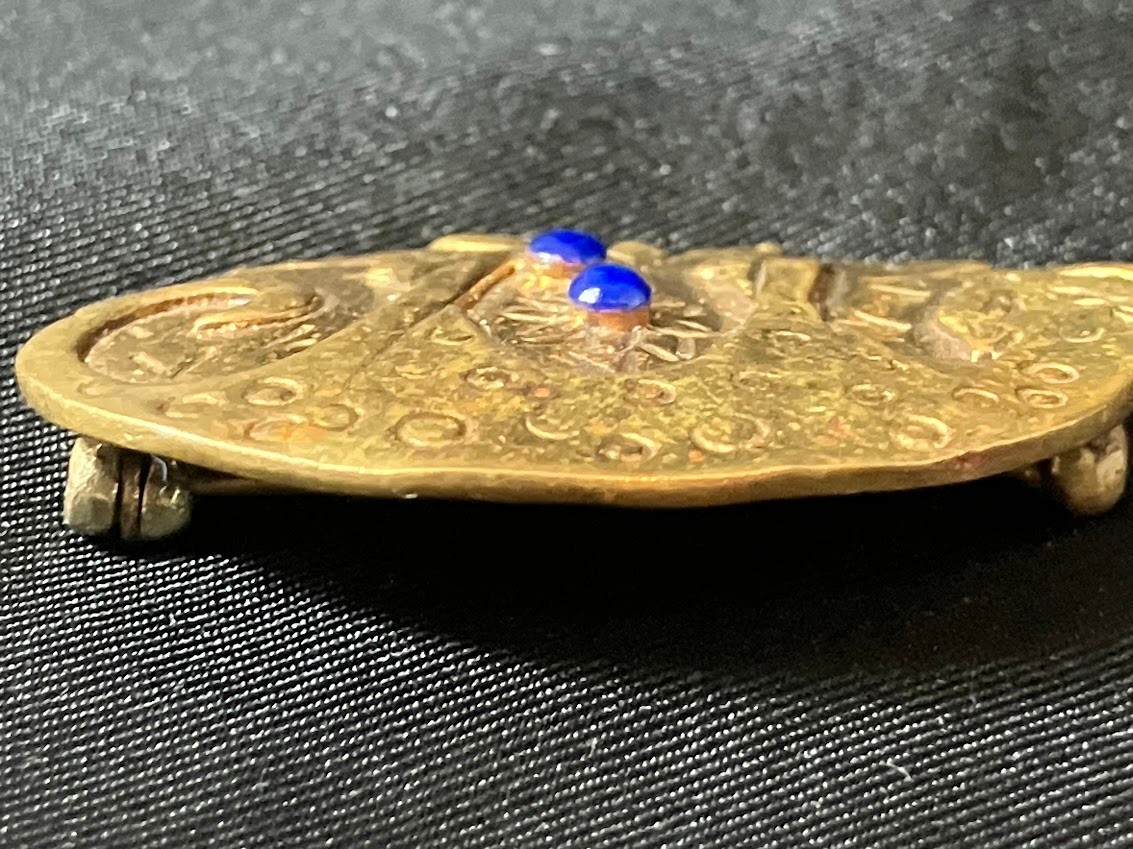 Vintage Leopard Brass Brooch Safari Jungle Lapis Lazuli Gold Wash Artisan Pin
