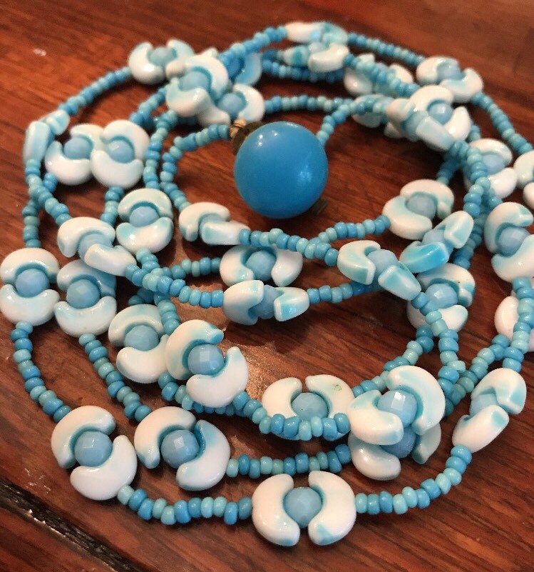 Vintage Signed WEST GERMANY Art Glass Blue Beaded Necklace And Clip On Earrings