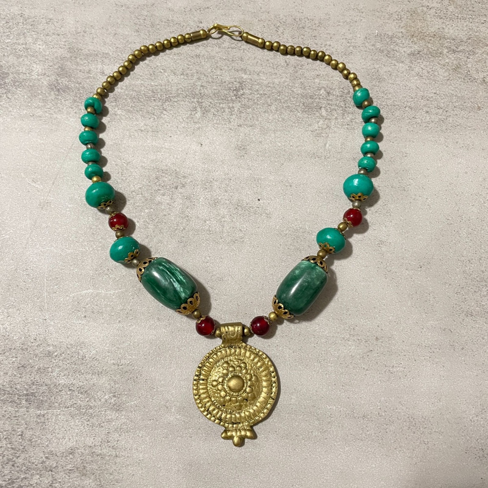 Vintage Ethnic Boho Brass Medallion Green Red Beaded Statement Necklace 10″ Drop