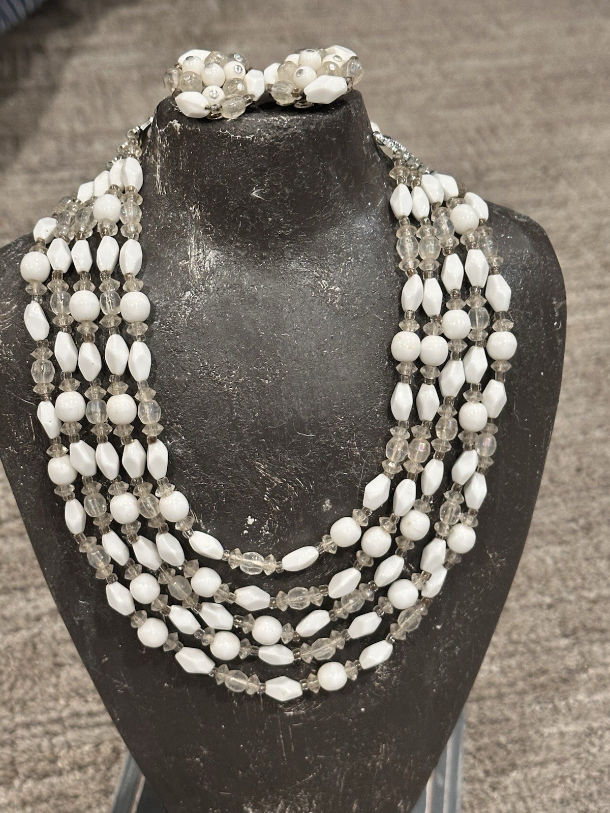WEST GERMAN JAPAN WHITE BLACK GLASS LUCITE BEAD NECKLACE CLIP ON EARRING SET LOT