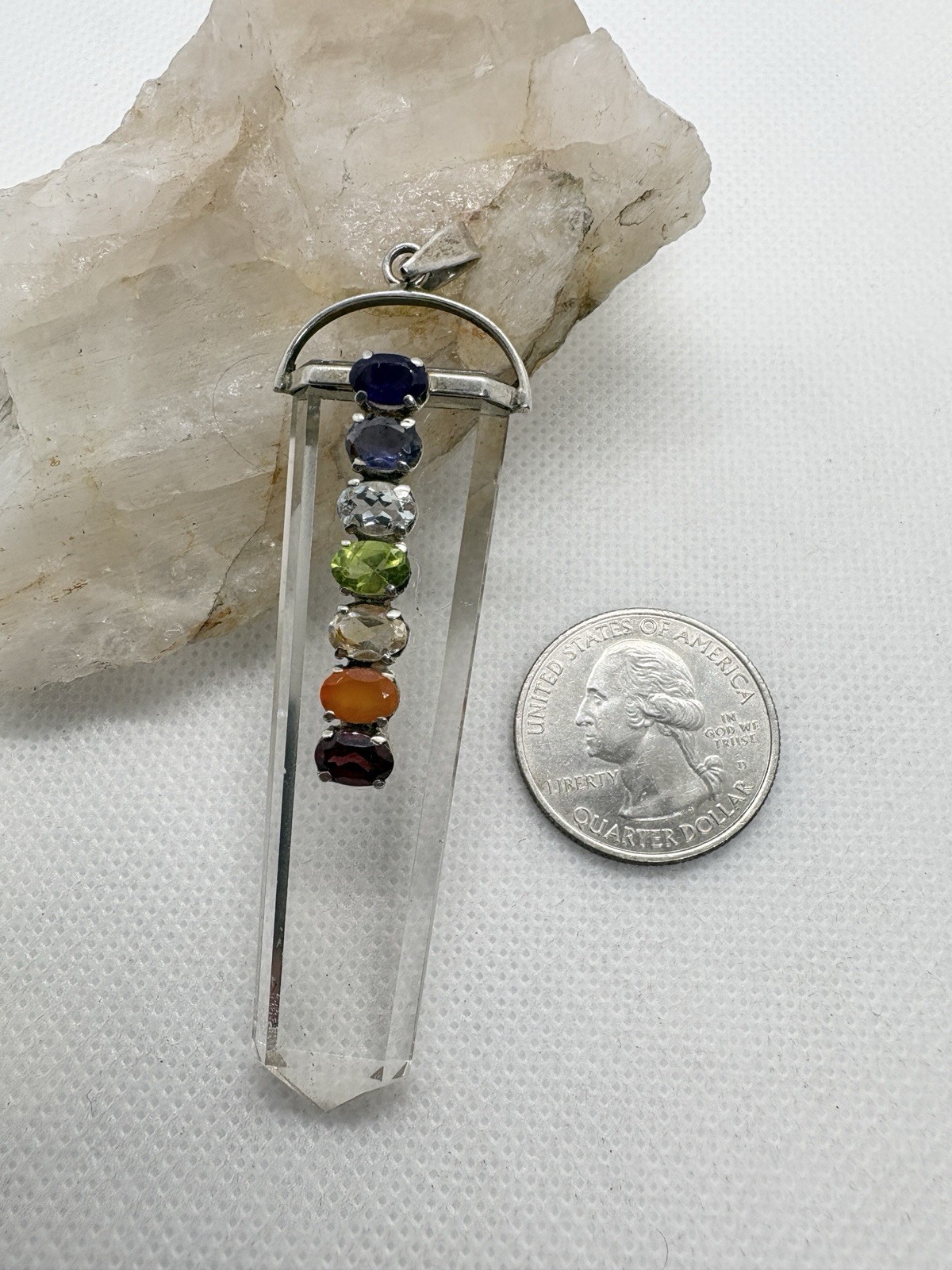Sterling Silver Quartz Point Chakra Pendant Amethyst Peridot Iolite Gemstone