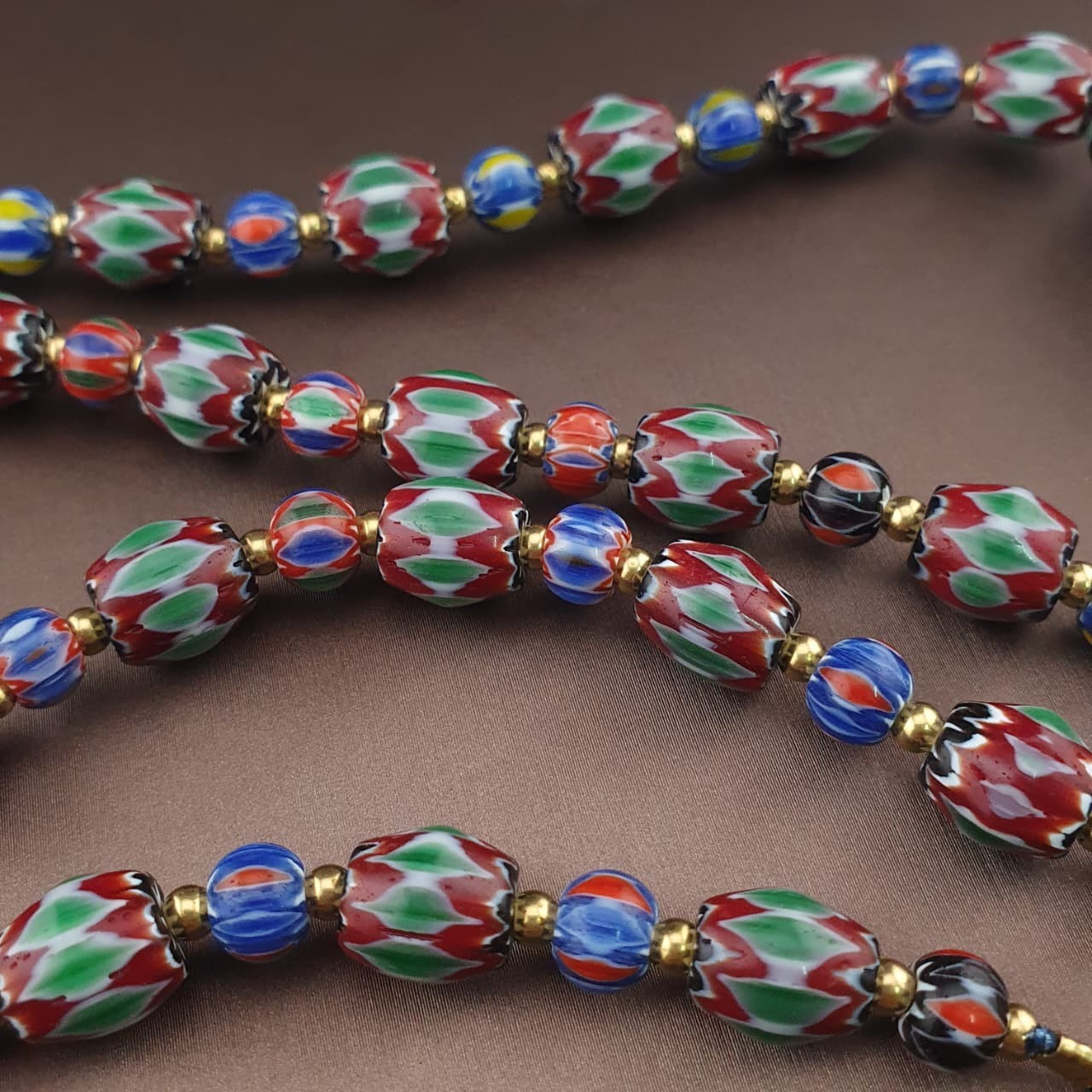 Vintage Venetian Style Multicolor Chevron Glass Beaded Necklace | 24in 8.7–39mm