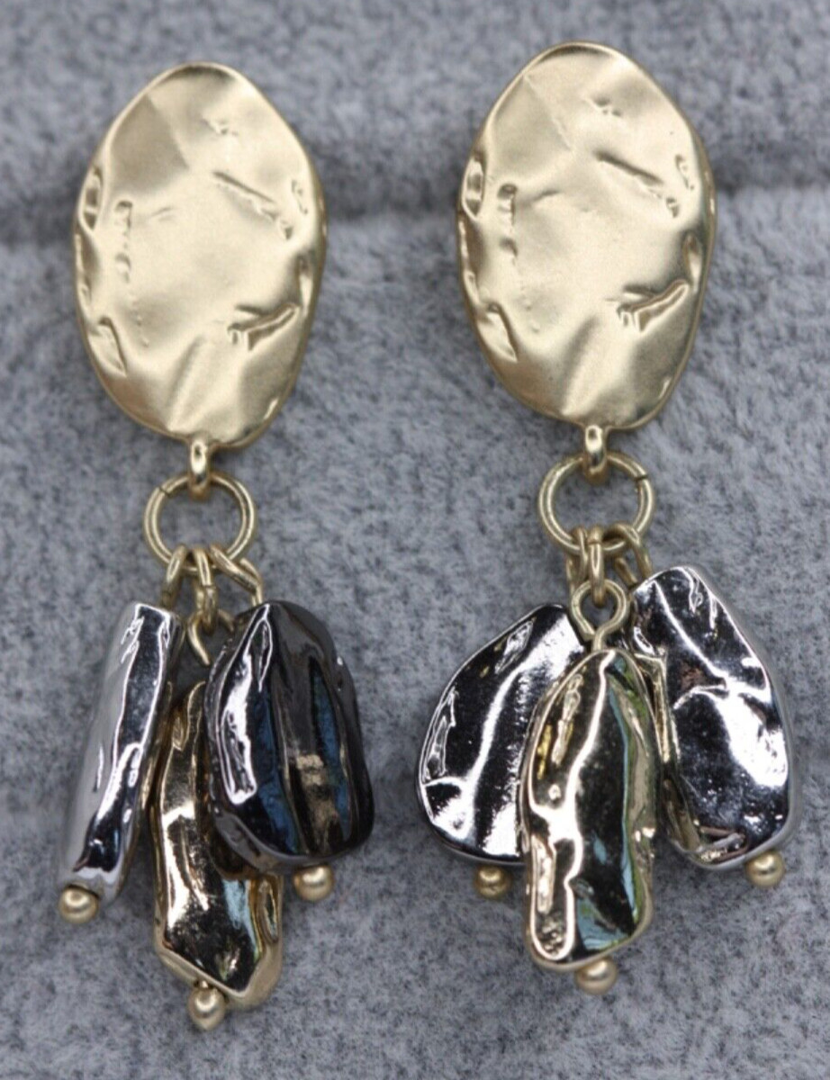 Hammered Tri-Tone Gold Silver Hematite Dangle Drop Beaded Pierced Post Earrings