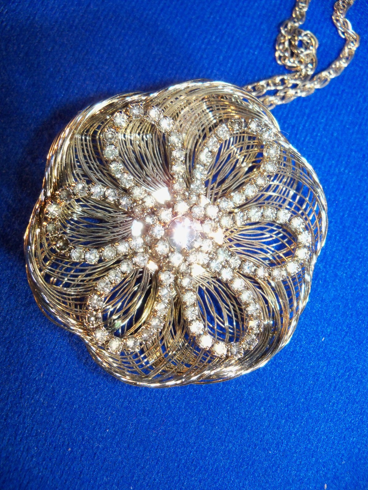Vtg Rhinestone Flower Filigree Pendant Necklace Cannetille Silver Fine Wire Work