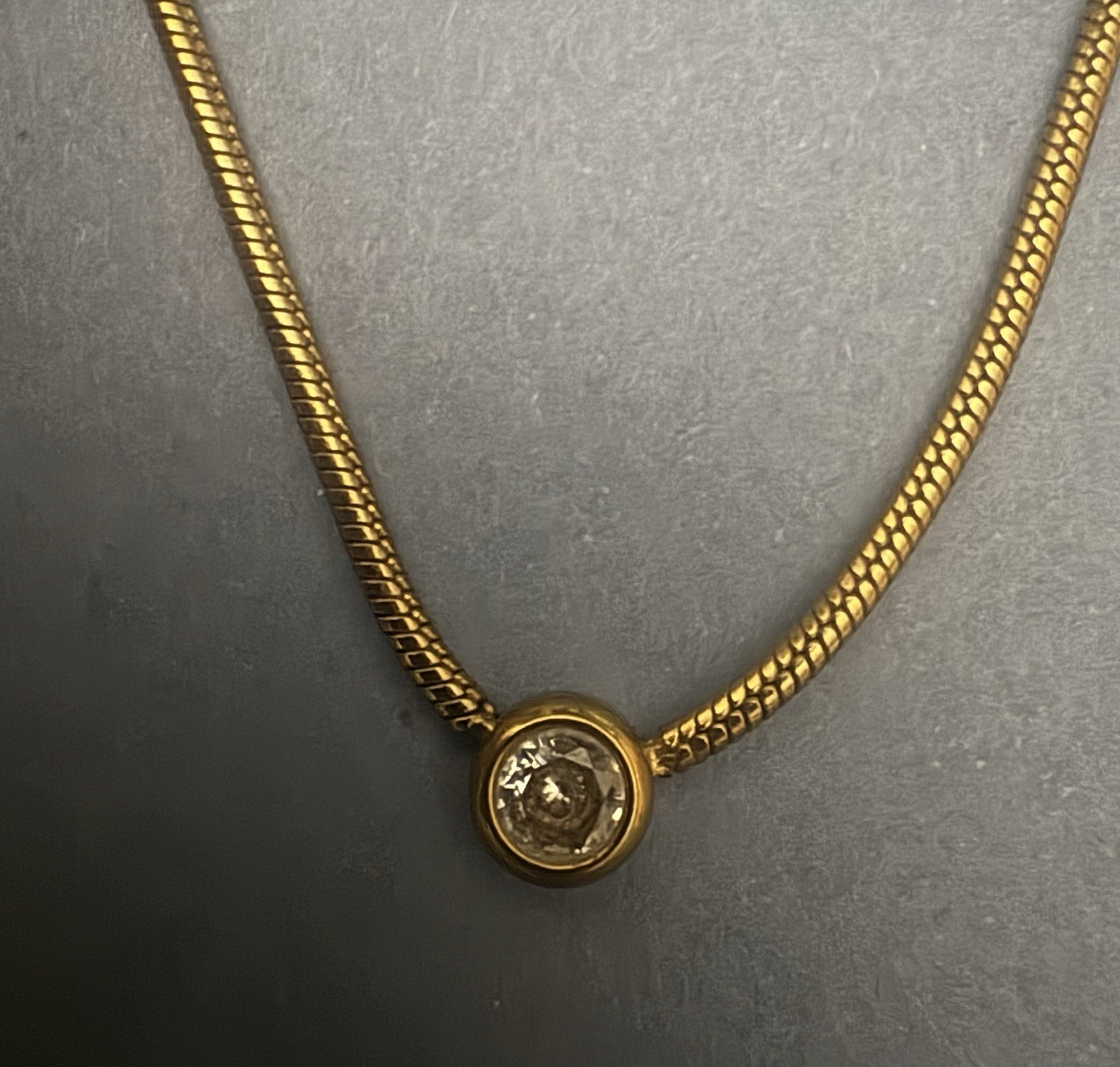 VTG Gold Tone Bezel Set Small Round CZ On A Snake Chain 16in With 3In Extender