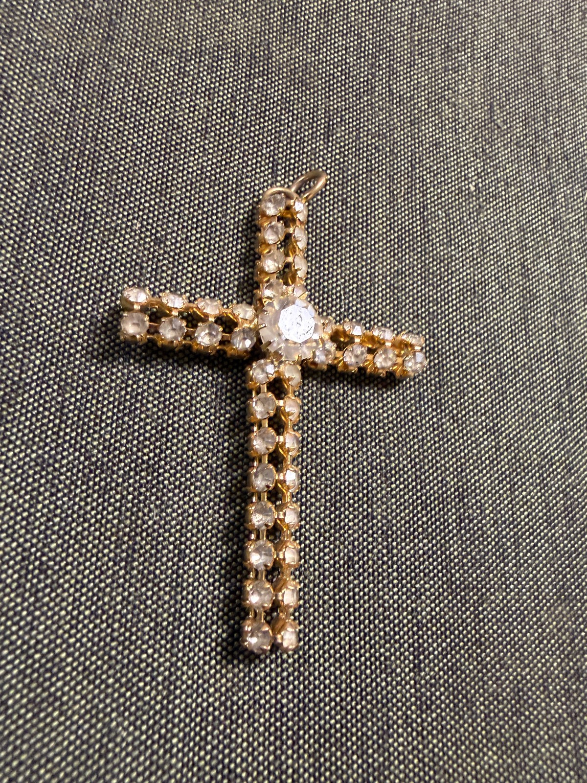 Vintage Metal and White Gem Stone 2″ Cross Pendant Gold Tone
