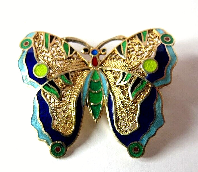 VTG ENAMEL 925 STERLING SILVER GOLD PLATED MULTICOLOR BUTTERFLY PIN BROOCH