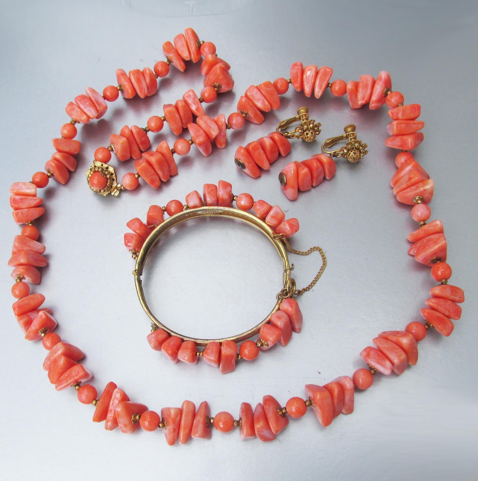 RARE Signed Miriam HASKELL Vintage Necklace Bracelet Earrings Faux Coral Set
