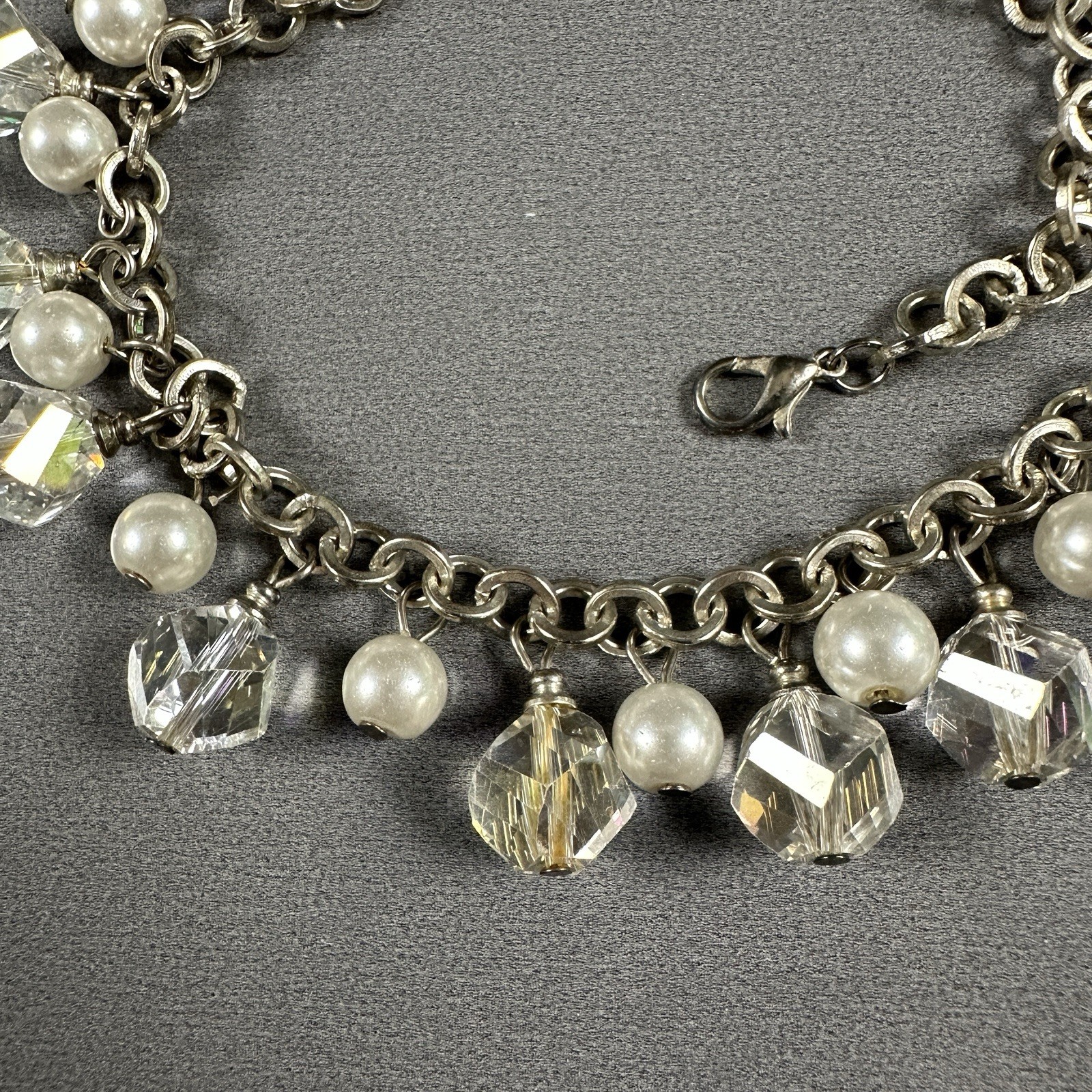 Vintage Faceted Bead Necklace Silver Tone Acrylic Dangle 16-18″ Charm