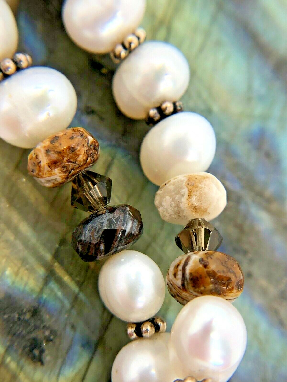 Vintage Sterling Silver 39mm White Brown Agate Pearl Beaded Necklace 20″
