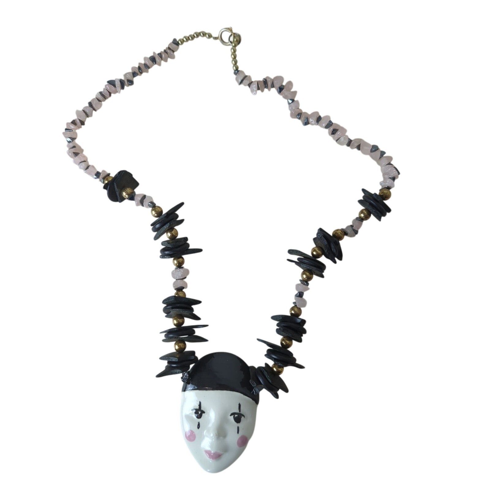 Vintage Harlequin Face Ceramic Pendant Necklace Pink and black stone & wood 25″