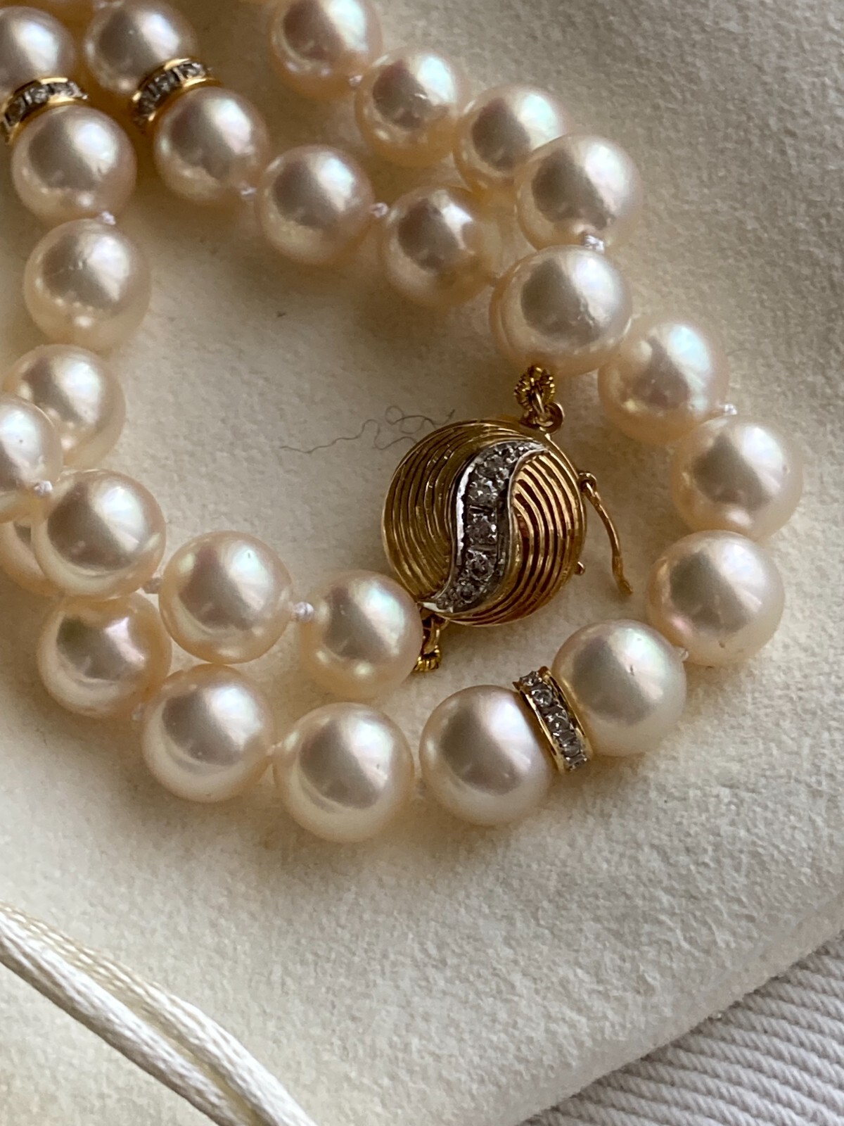 Vintage Diamond 14k Akoya Pearl Necklace 17.5”, 8-8.5mm