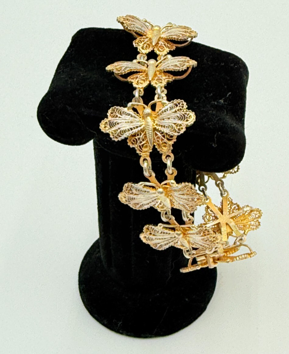 Antique 800 Silver Gold Wash Butterfly Filigree Link Bracelet & Clip On Earrings