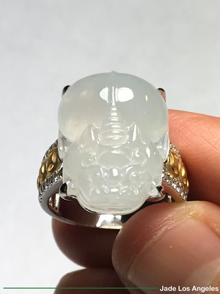 Pi Xiu Pixiu Icy Jadeite Jade 18K White/Rose Gold Diamond Ring 45ct Size:7.5