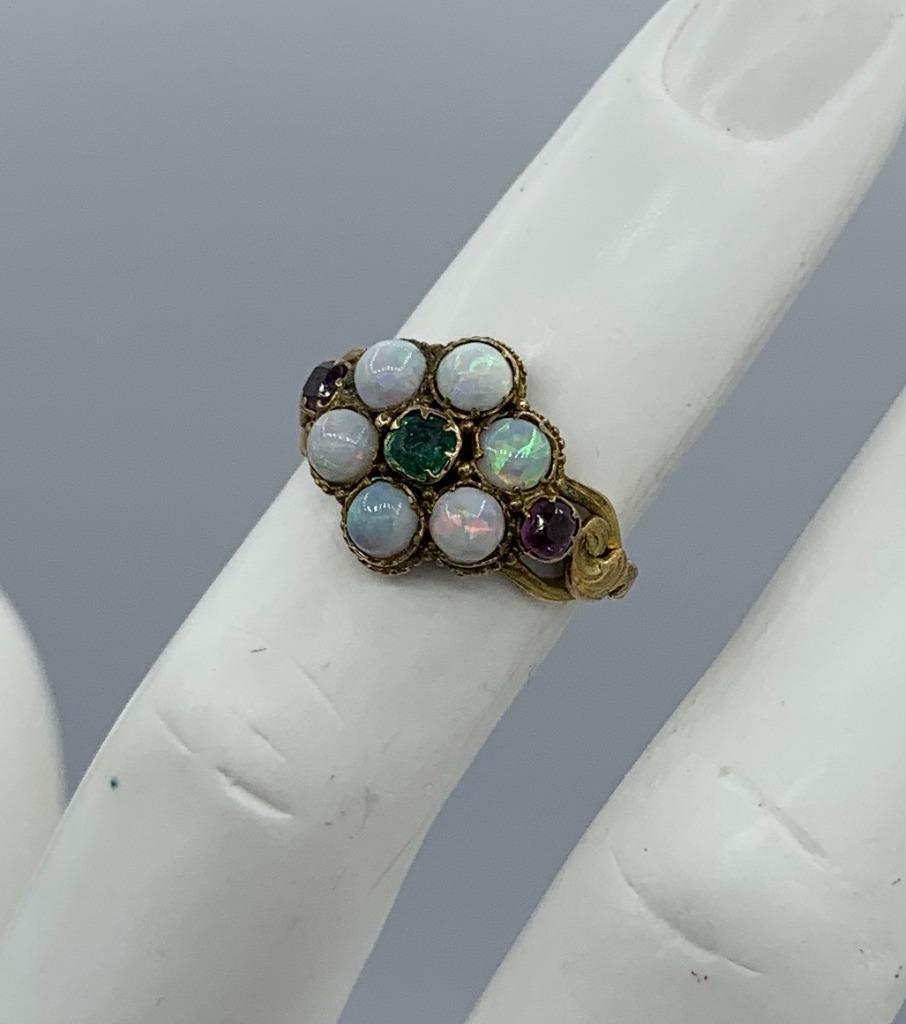 Victorian Opal Emerald Ruby Ring Antique Wedding Engagement Ring 14 Karat Gold