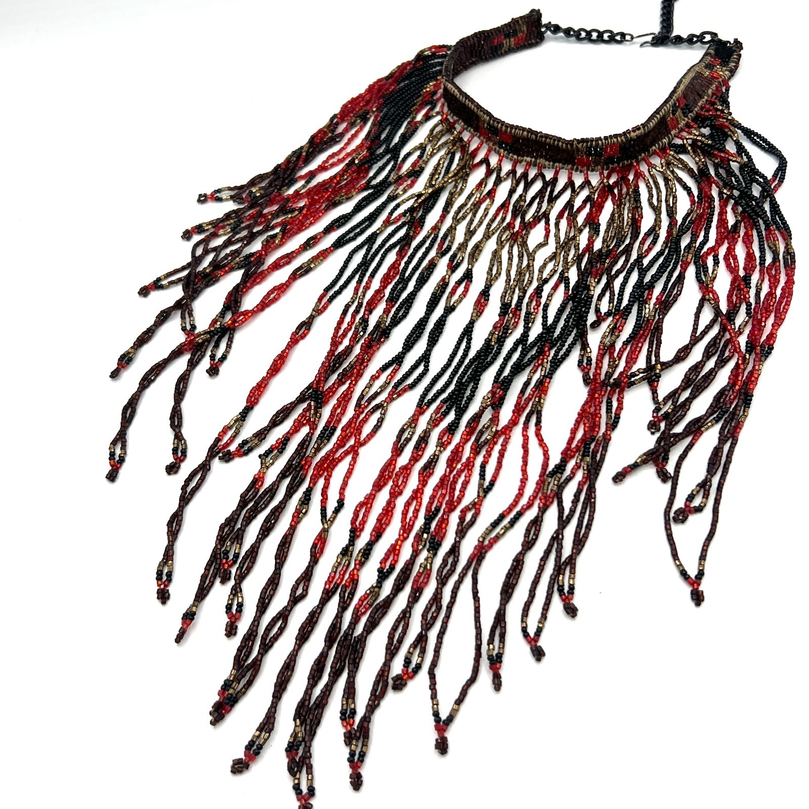 Vintage 1970s Exotic Beaded Fringe Necklace Red Black Gold Drippy Bib Statement