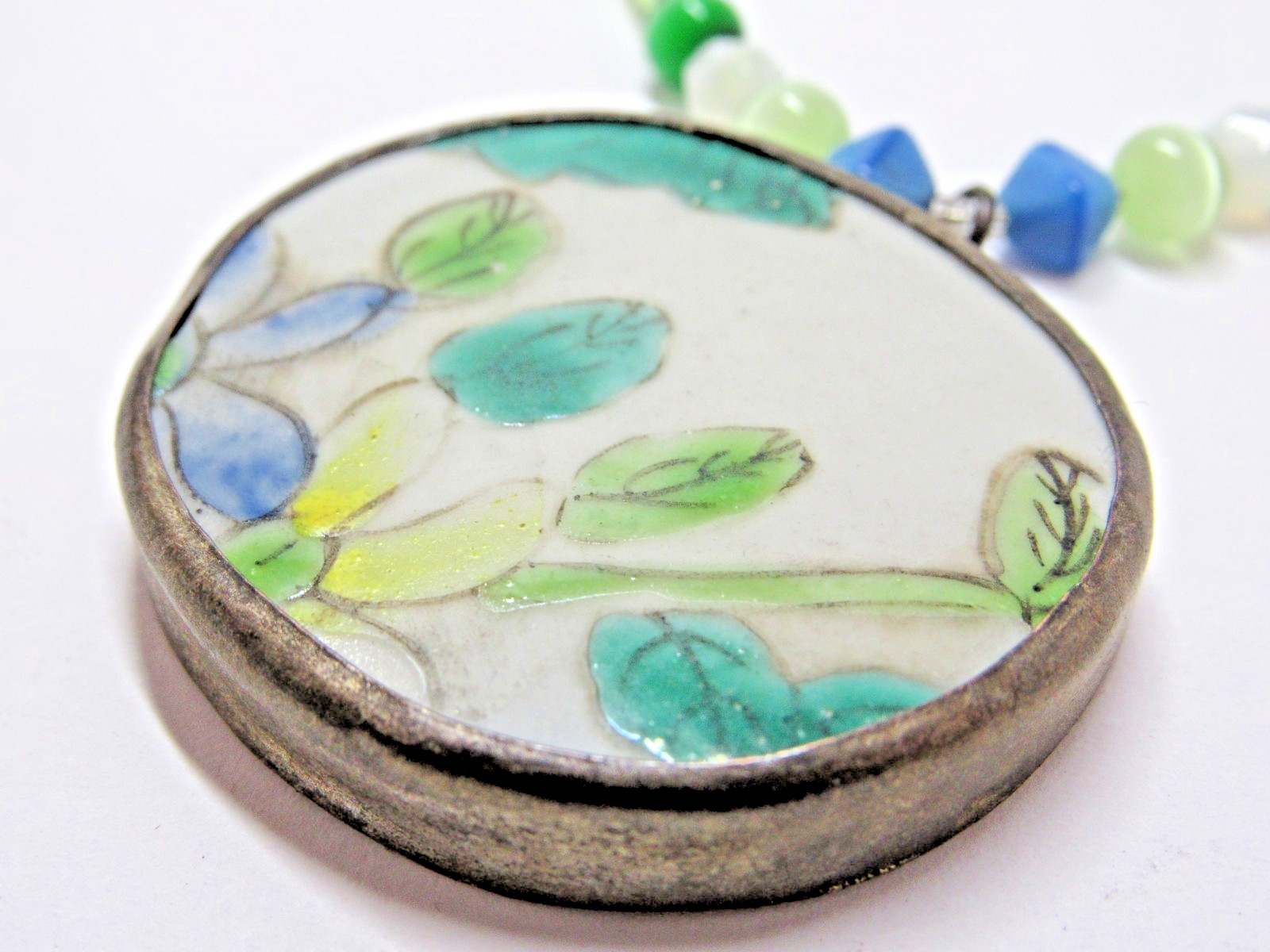 Vintage Silver Tone Glass Bead Necklace Floral Boho Retro Green Mod #J