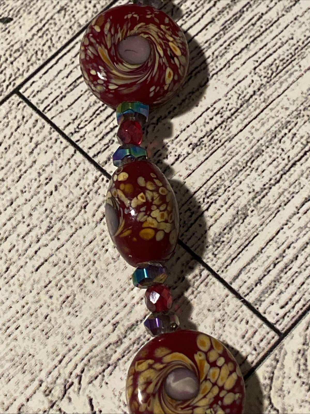 Vintage Red Millefiori Art Glass AB Iridescent Beaded Necklace Murano Style