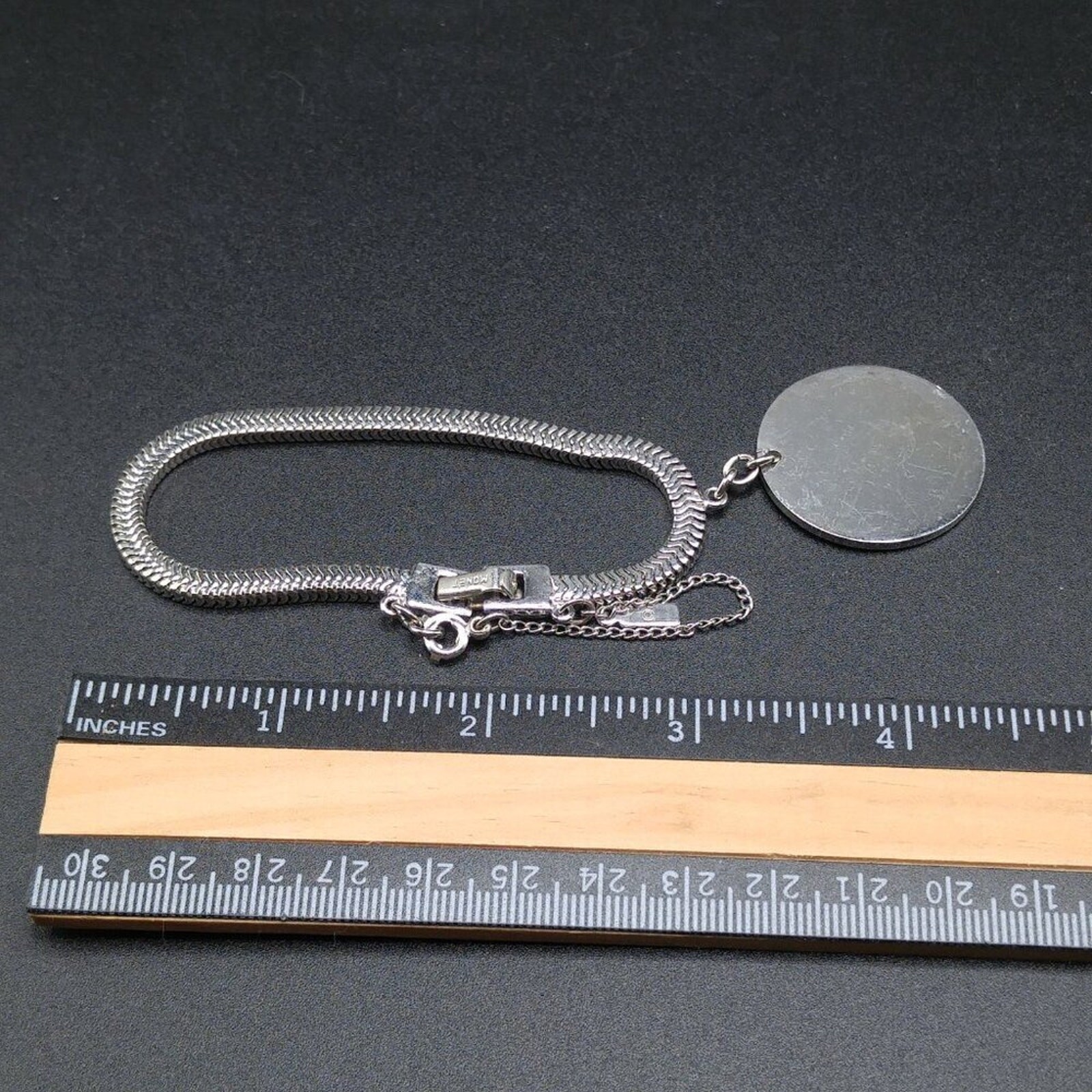 Vintage Monet Snake Chain Bracelet Engravable Disk Rhodium Sister Clasp