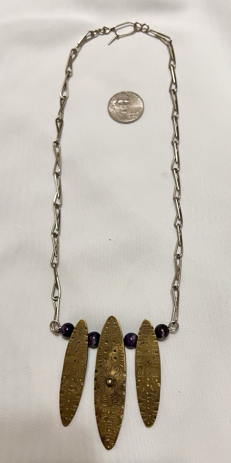 Abstract BRUTALIST Brass Metal AMETHYST BEAD PENDANT & Necklace Chain VINTAGE