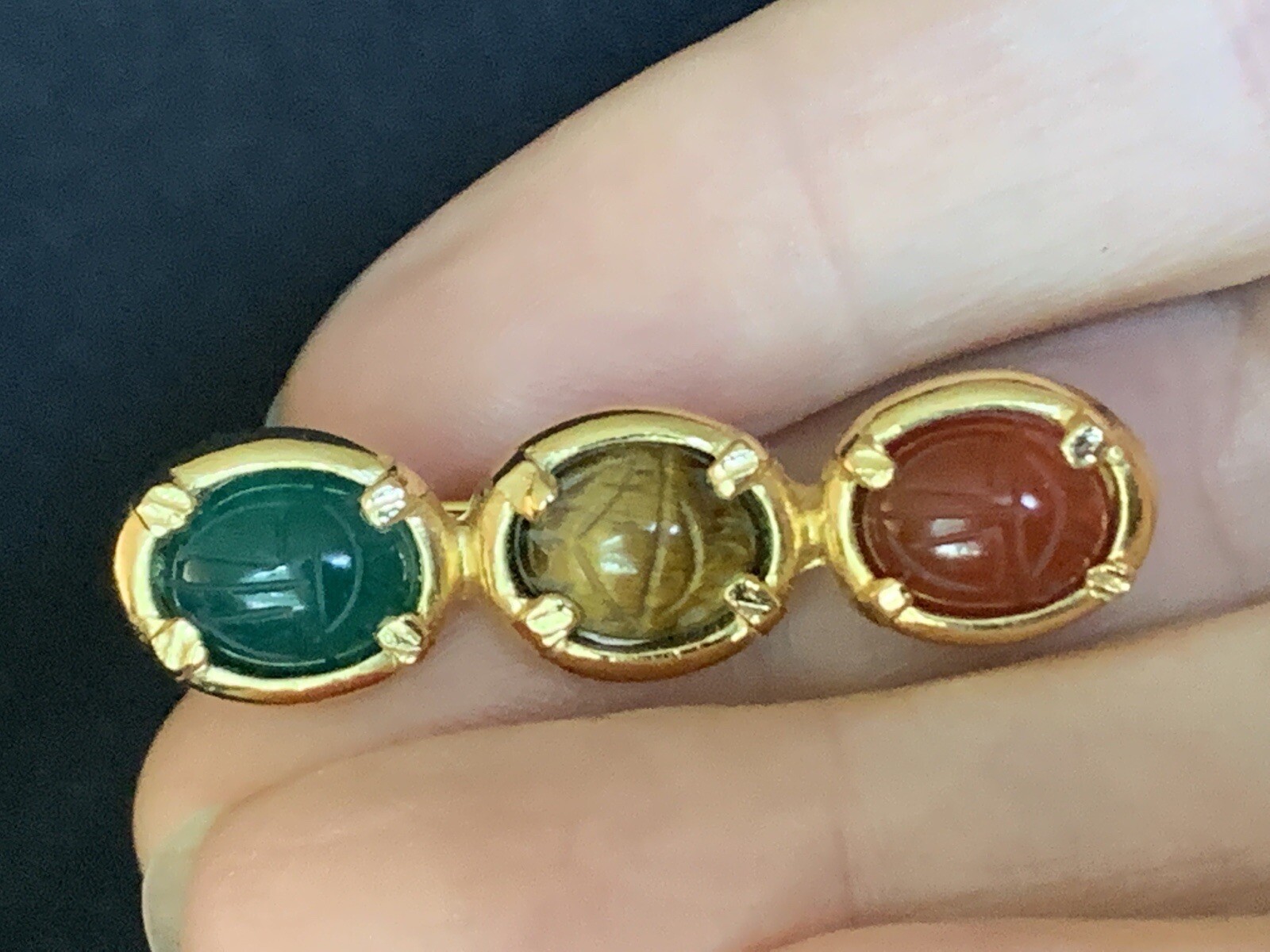 Vintage Multi-Gemstone Carved Scarab Brooch Pin Bar Carnelian Tiger’s Eye & Jade