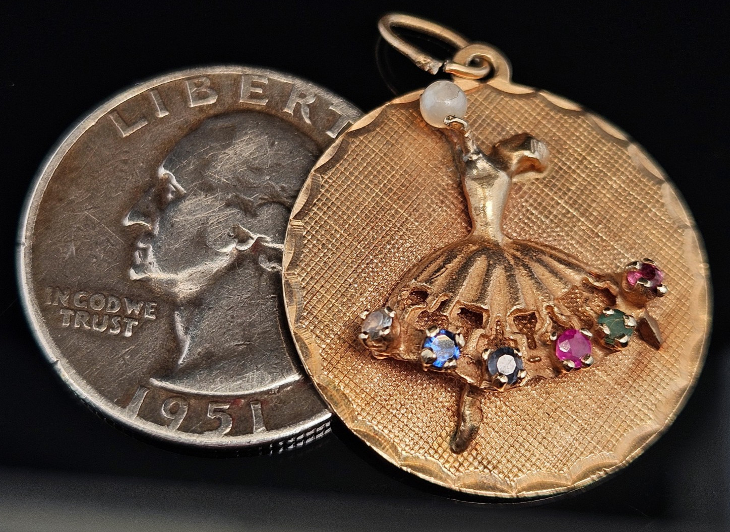 14K Gold JEWELED DANCER Pendant Ruby Sapphire Pearl Vintage Ballerina Ballet