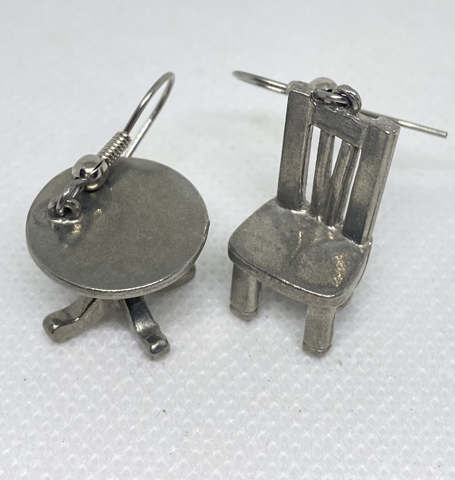 Vintage signed Clift Pewter figural Table & Chair Dangle Drop hook Earrings