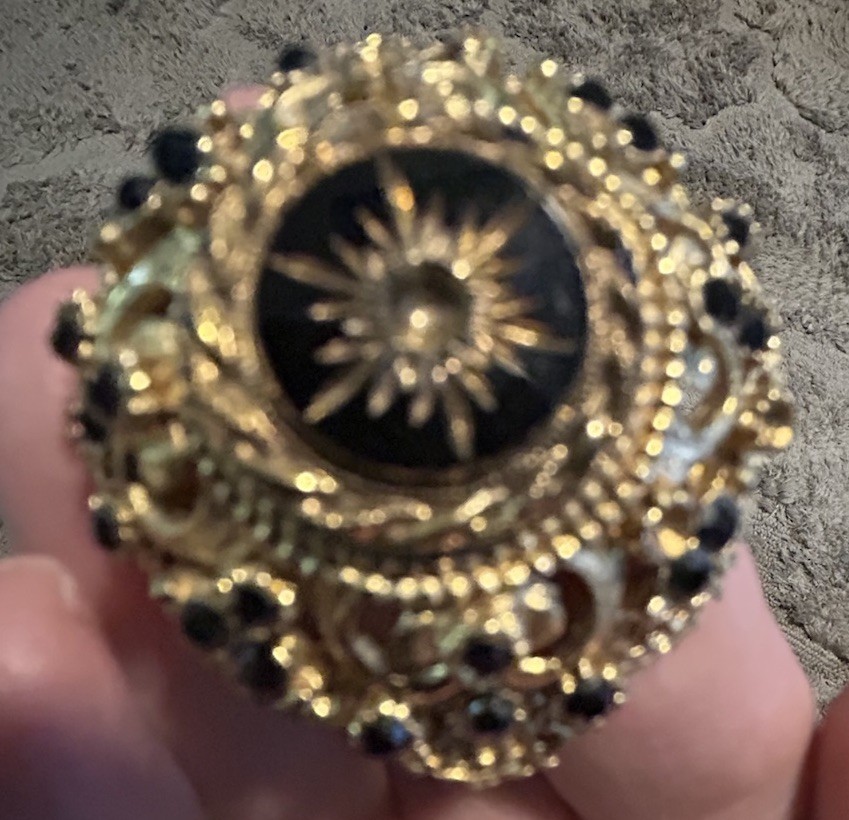 Three Antique Brooches Gold Tone with Rhinestones And Black Onyx Read Notes