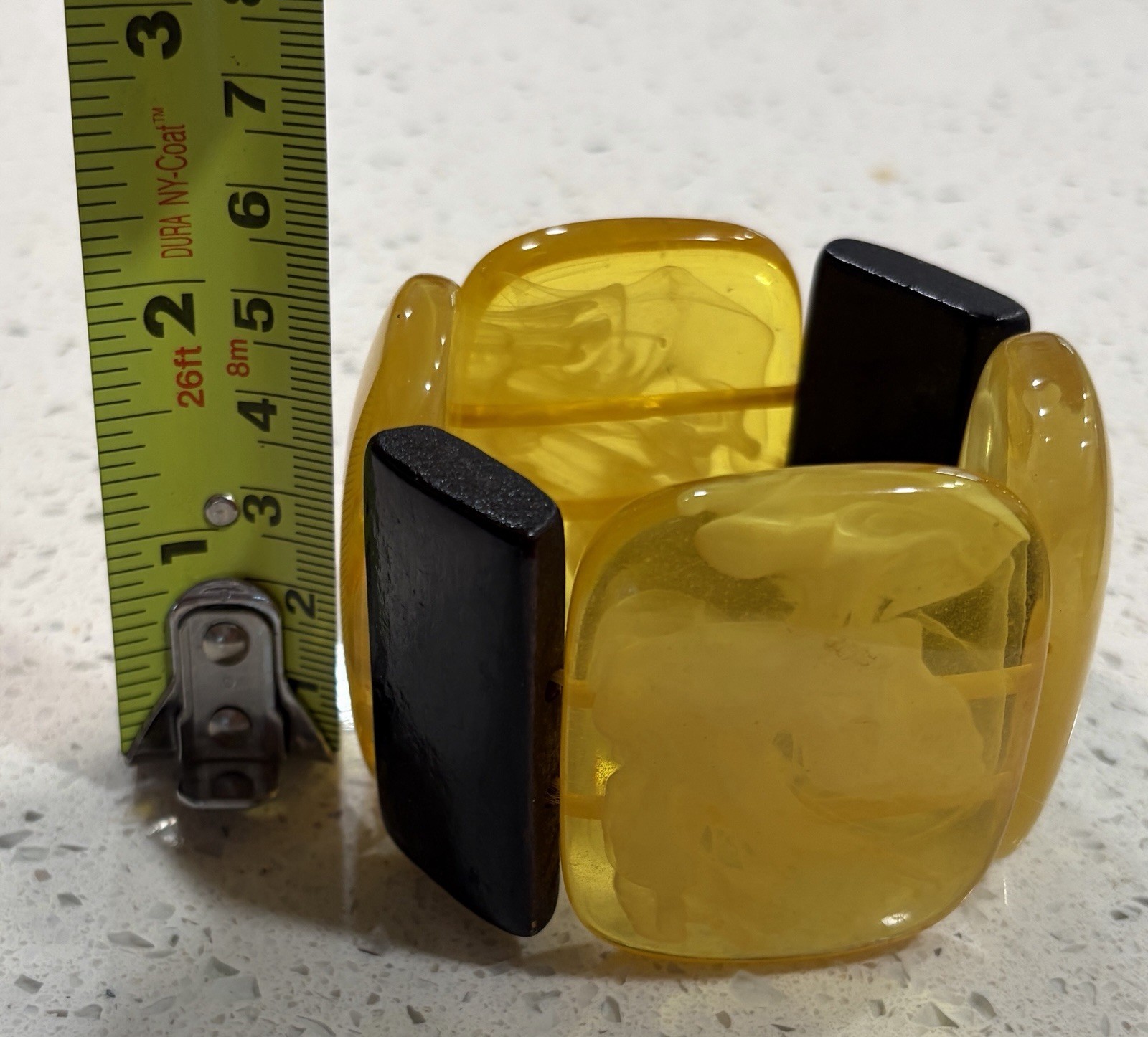 Vintage Amber Resin Swirl and Wood Stretch Bracelet Mid Century
