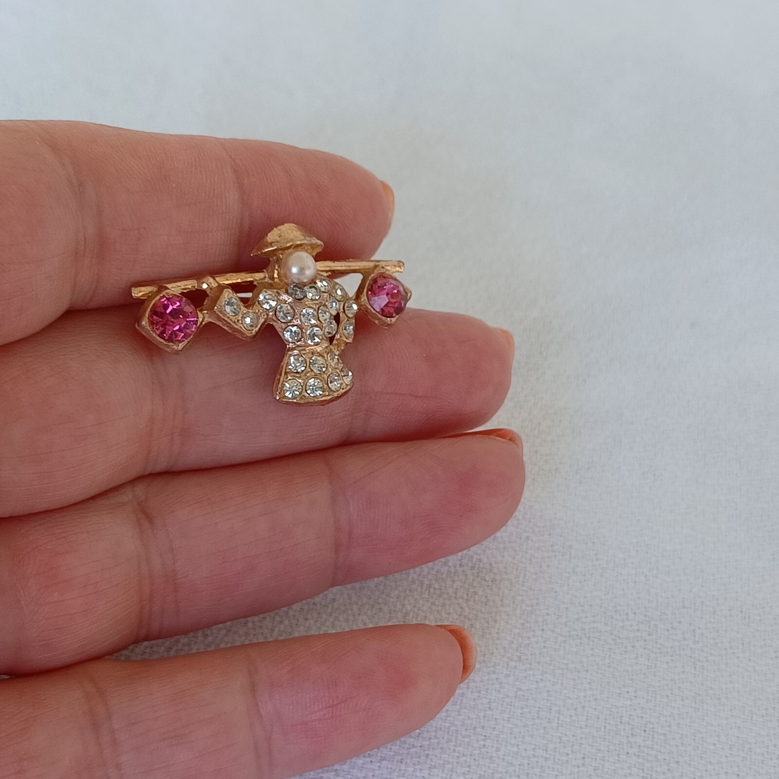 Vintage Small Brooch Asian Woman With Shoulder Pole Rhinestones Faux Pearl