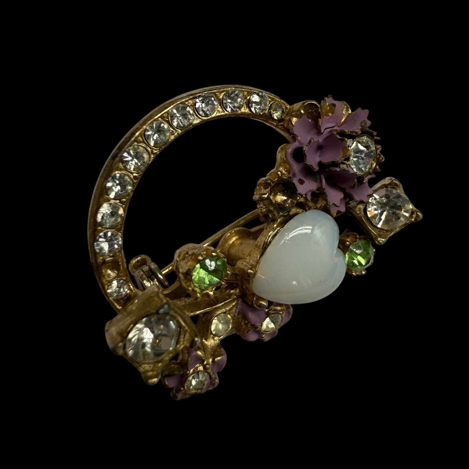 Circle Wreath Enamel Flower Opalescent Heart Rhinestone Pin Brooch As Is 1960s