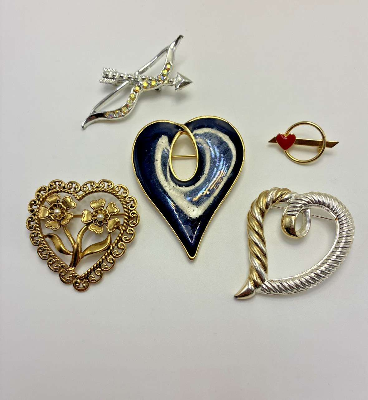 Brooch Lot Hearts Vintage Rhinestone Enamel Love Flowers Cottage Grandma Core