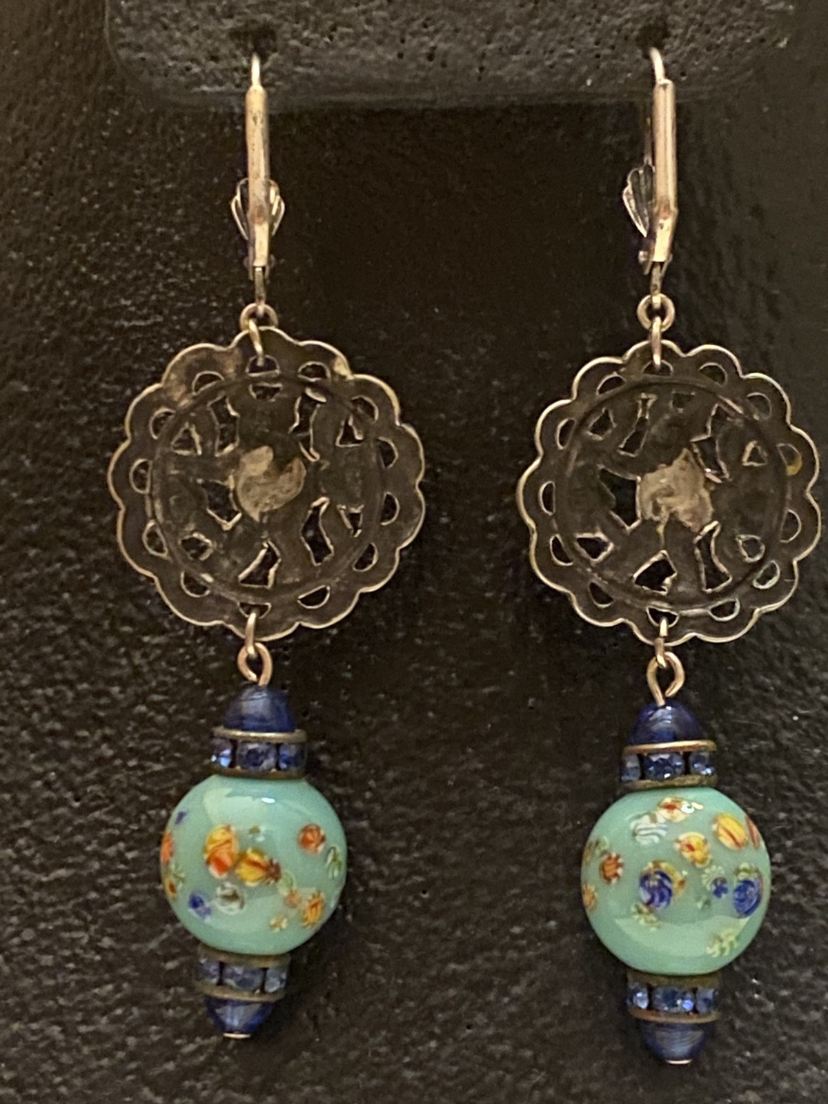 Vintage Asian Themed Colorful Ronde Bosse Enamel Art Glass Rhinestone Earrings