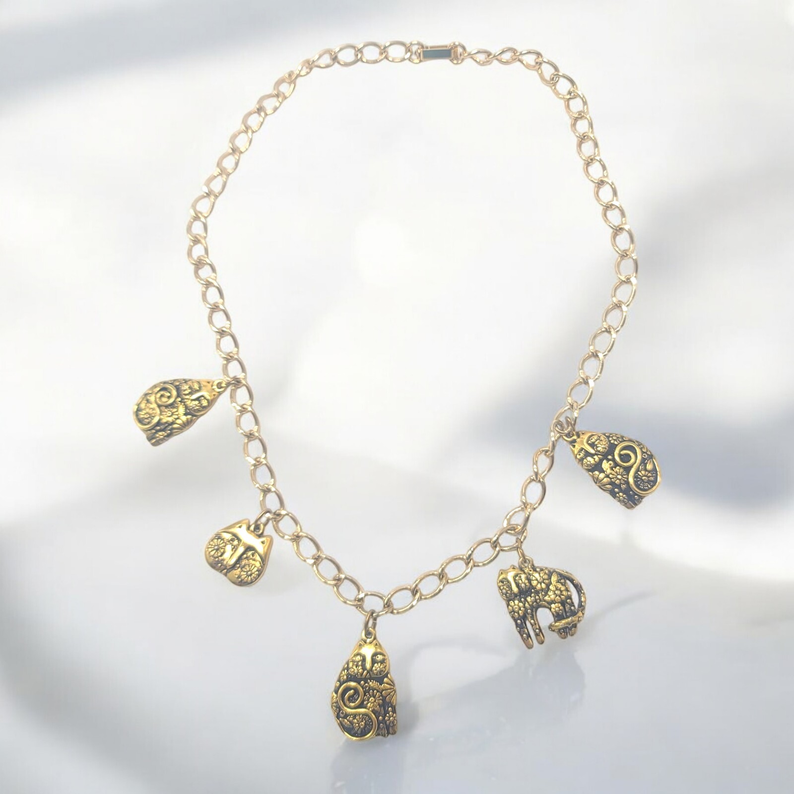 Laurel Burch Necklace 5 1993 Cat Charms Gold Tone 17.5in Chain Link Vintage