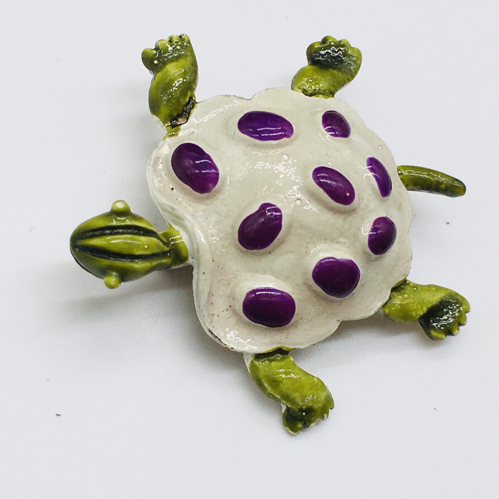 Gold Tone Purple Green White Slow Turtle Brooch 2″