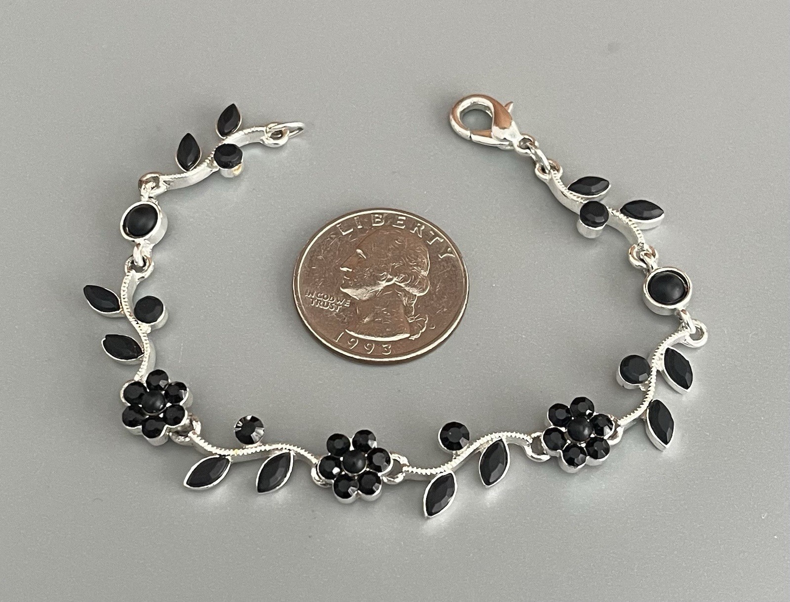 VTG Silver Tone Black Rhinestone Floral Vine Necklace-Bracelet-Earring Set