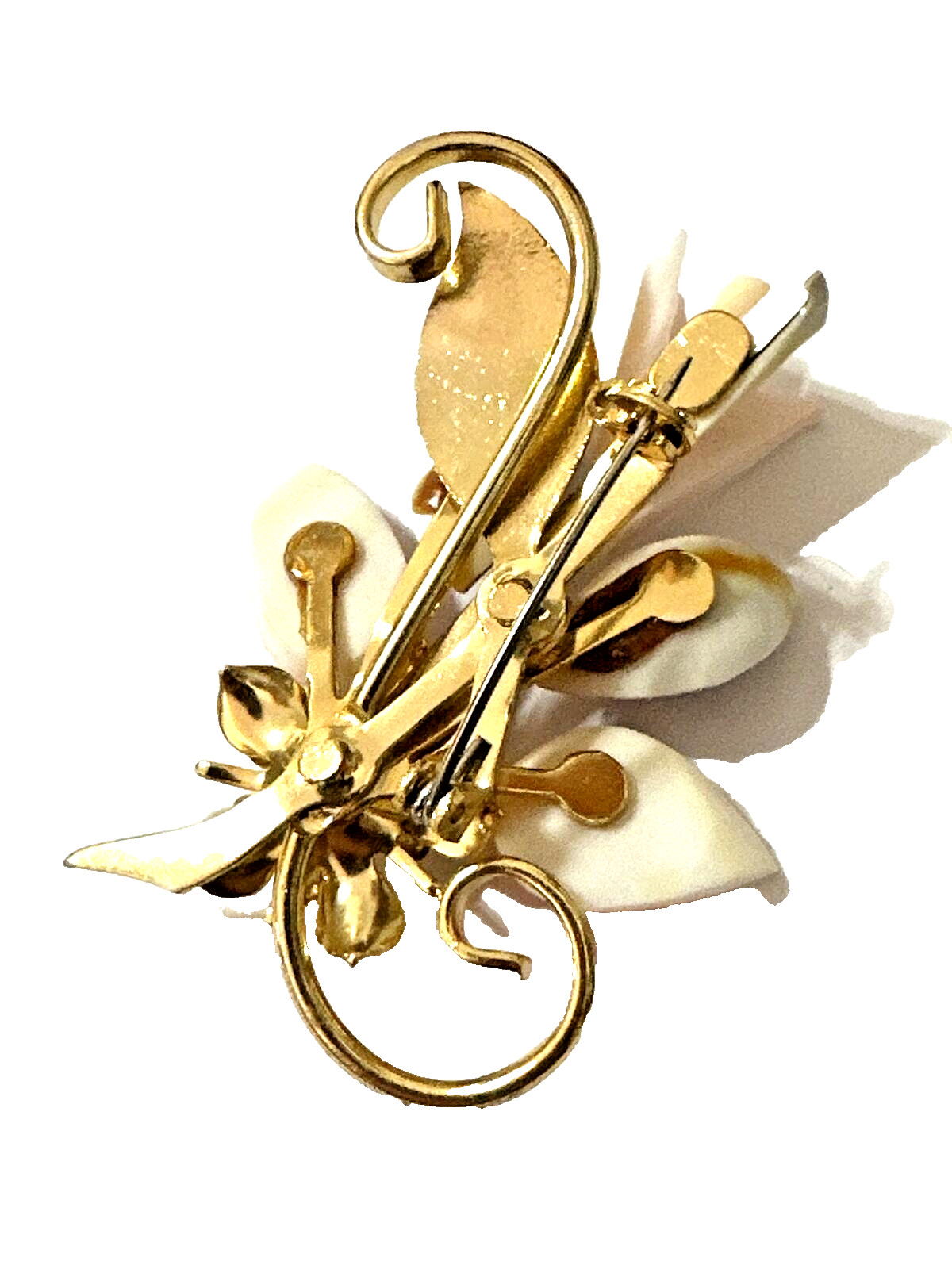 Vintage FLORAL Brooch Pink White Purple Shell Petals Gold Tone w/ Box 2″
