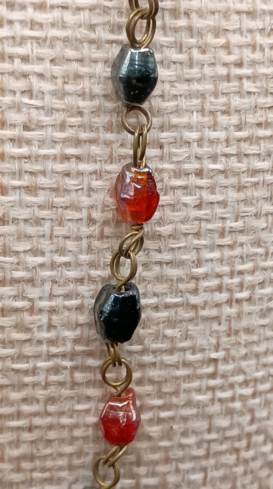 Vintage Czech Glass Beaded Necklace AB Red Black Petite Beads Dainty 36″