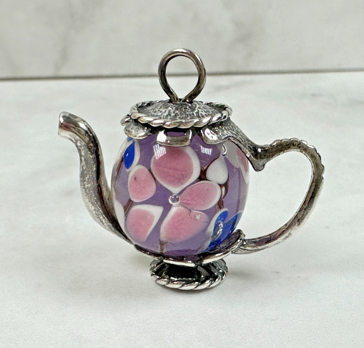 Sterling Silver Floral Pink, Purple, Blue Enamel Mini Teapot Charm – 3/4″