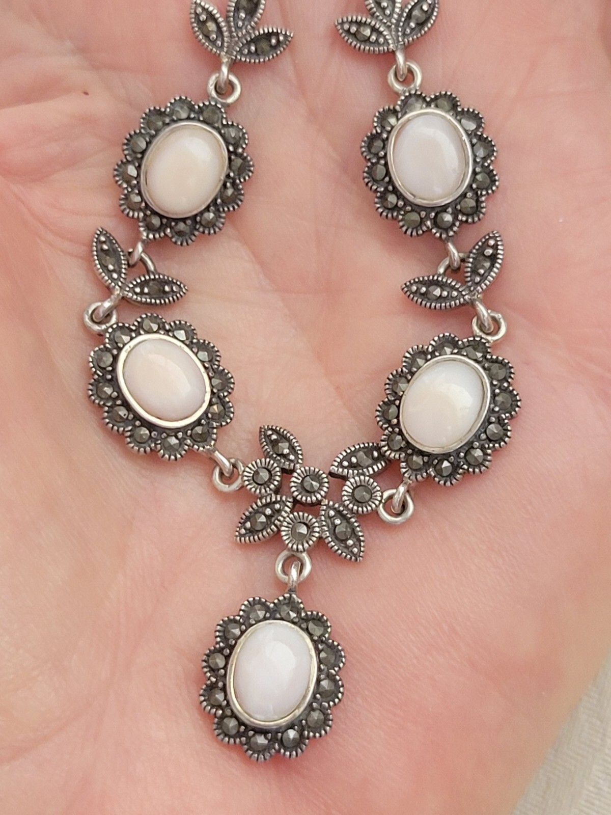 Edwardian/Victorian Style Sterling/Marcasite/ Angel Skin Coral Station Necklace