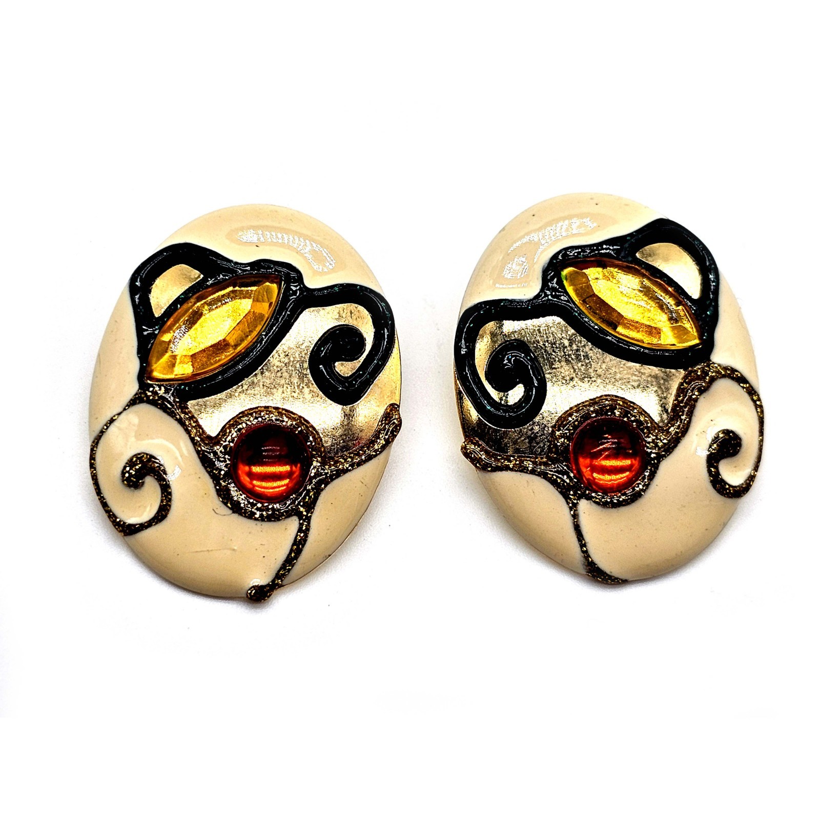 Vintage Statement Earrings – Abstract Enamel Swirl Design with Amber & Red Glass