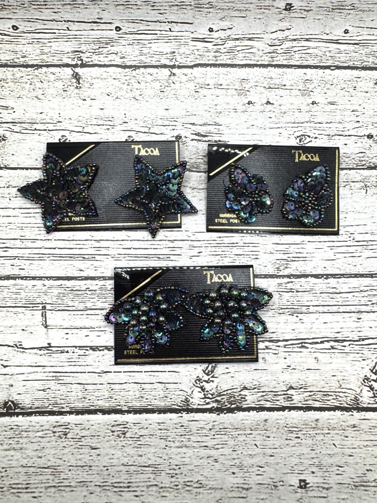 Vintage Tacoa Sequin w Beads Pierced Earrings Dark Iridescent Bling- 3 Pair- NWT