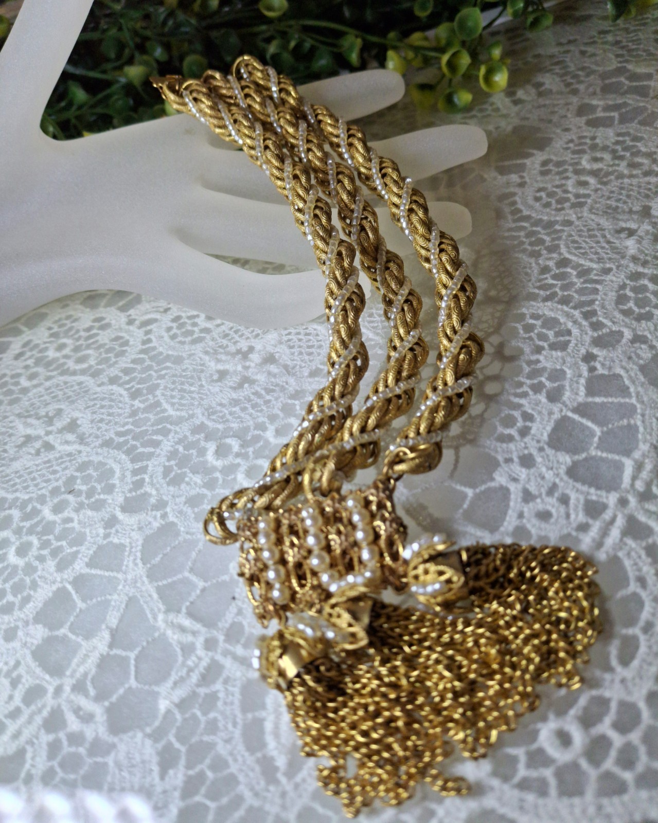 Frilly Miriam Haskell Russian Gold Chain & Seed Pearl Tassel Bracelet