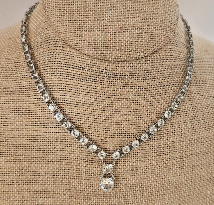 Antique Art Deco Silver Riviera Faceted Crystal Open Back Prong Set Necklace